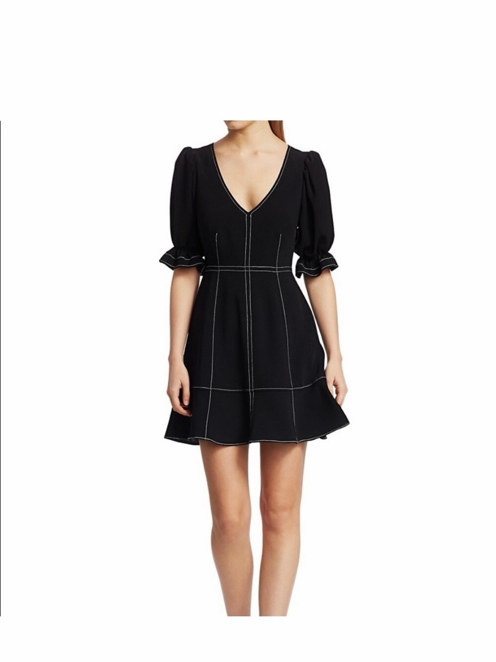 cinq a sept Black V-Neck Mini Dress with White Topstitching